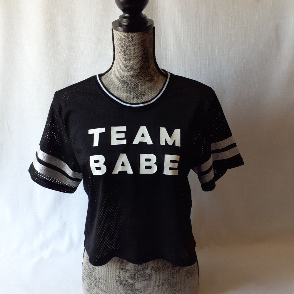 Material Girl  "Team Babe" womens black short sleeve activewear crop top size S